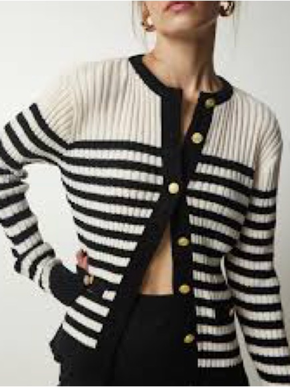 Cyrus Black and Cream Striped Ribbed Cardigan with Gold Buttons